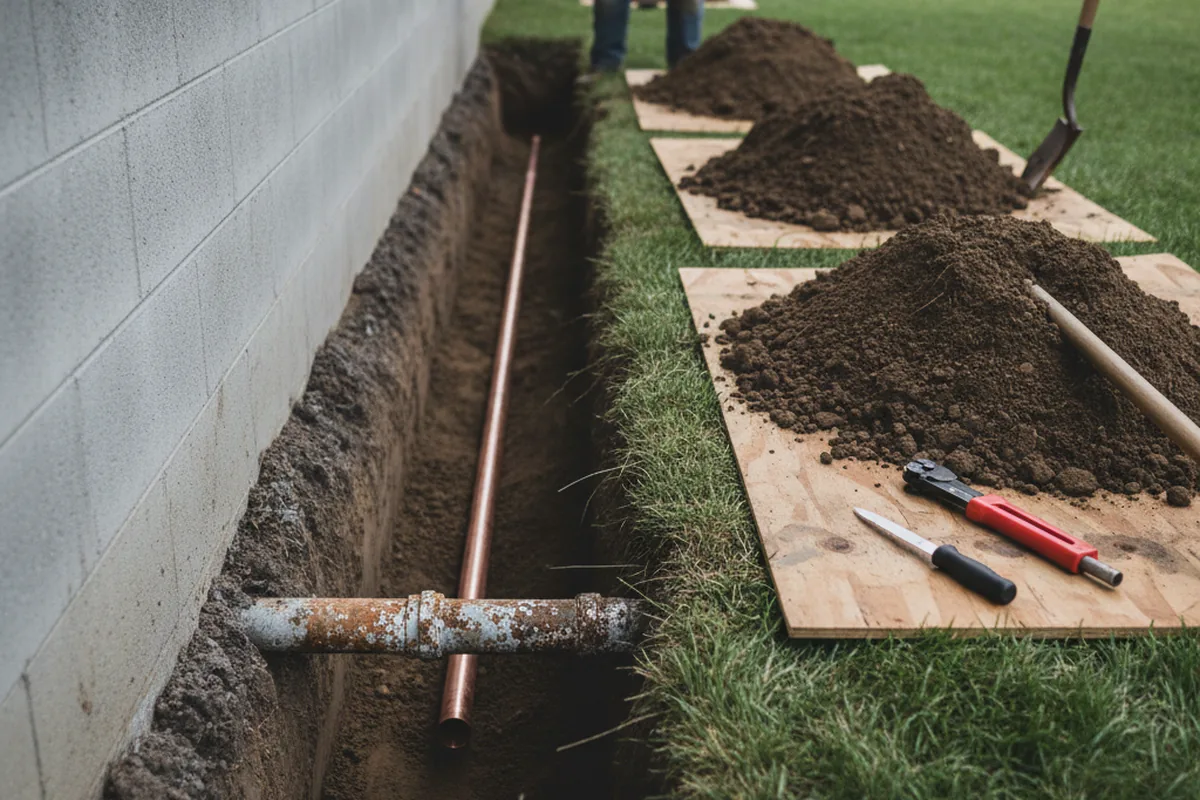 Excavated water line trench during Water Heater Repair in Woodbine